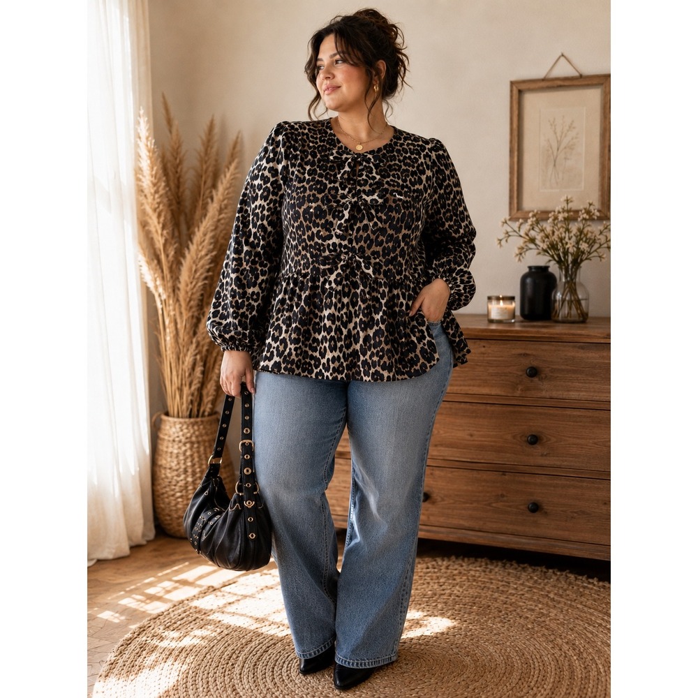 Leopard Print Bow Front Peplum Blouse Puff Sleeve Animal Print Top Large